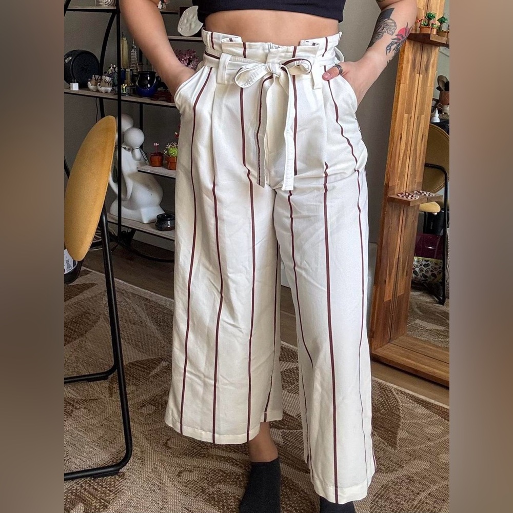 a new day ruffled Cream and Red Striped Wide-Leg Pants